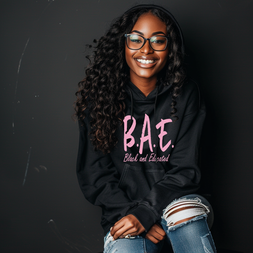 Bae, Black And Educated Hoodie with Pink Text