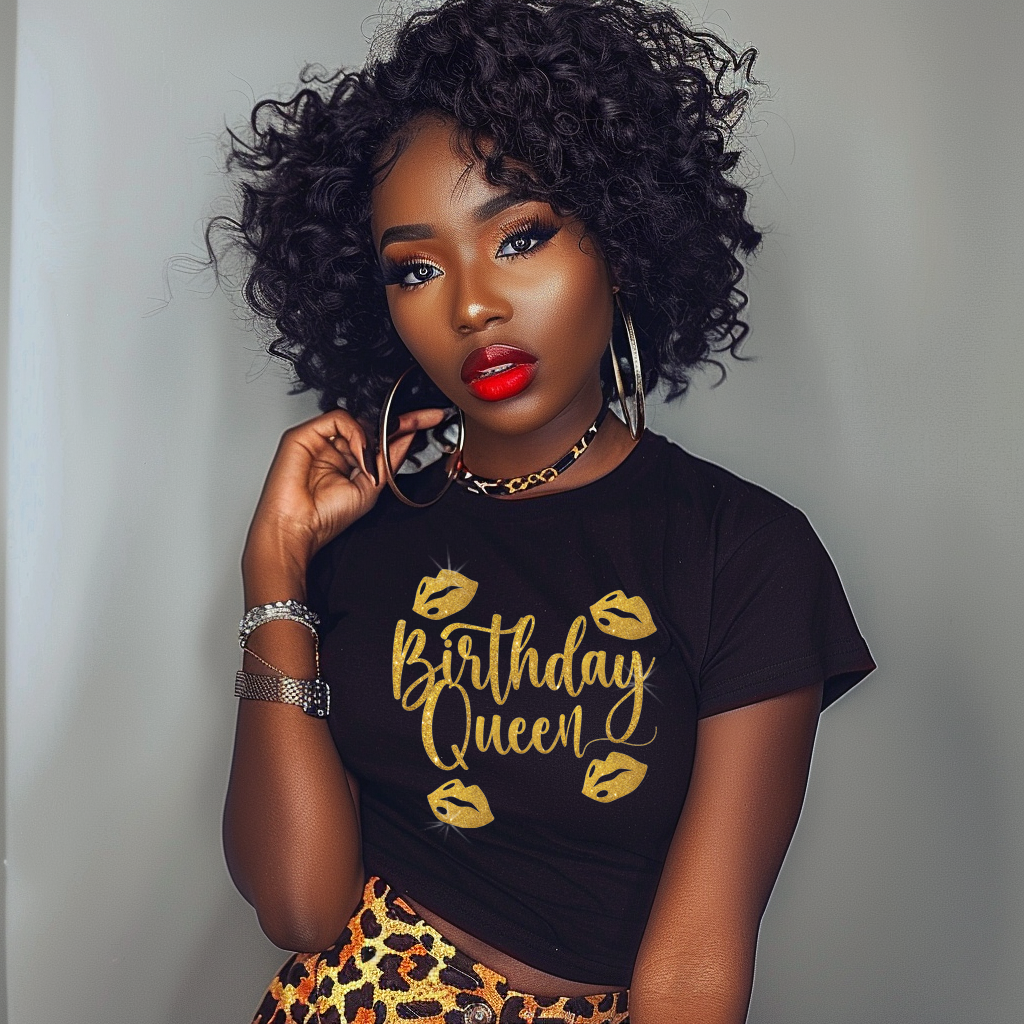 Birthday Queen Shirt with Lips and Gold Glitter Text