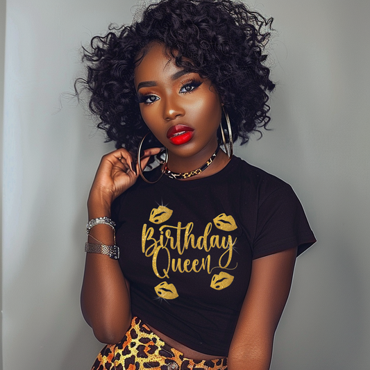 Birthday Queen Shirt with Lips and Gold Glitter Text