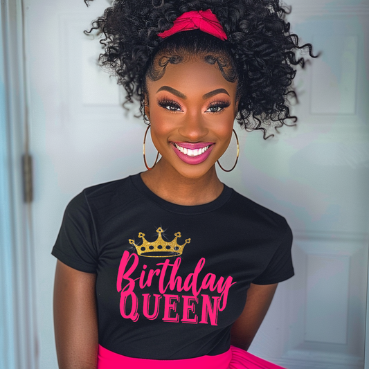 Birthday Queen Shirt Hot Pink Text with Glitter Gold Crown