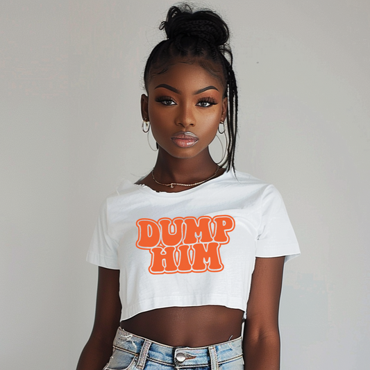 Dump Him Cropped Distressed Ripped Collar T-Shirt with Orange Text