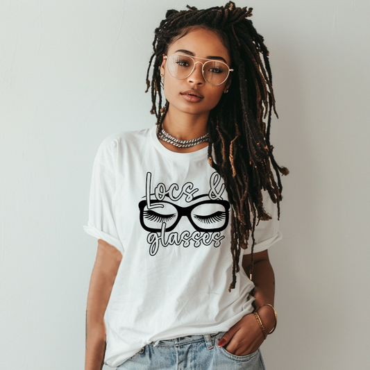 Locs & Glasses Tee with Black Text