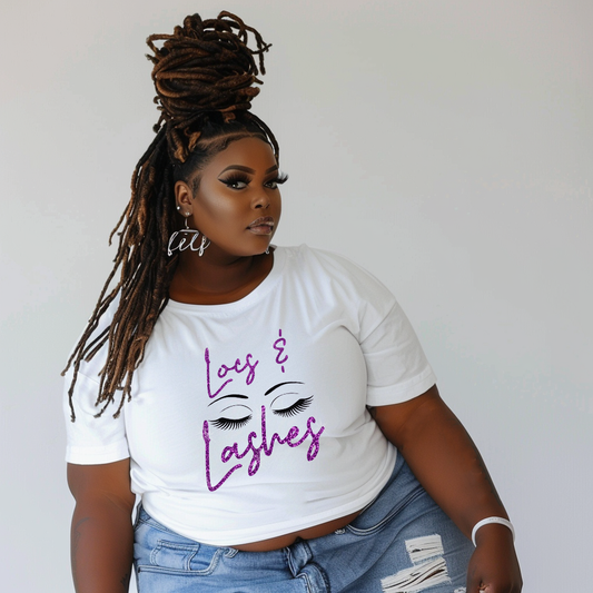 Locs & Lashes T-Shirt with Glitter Purple Text