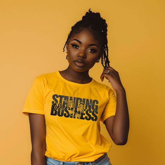 Standing On Business T-Shirt, Yellow Shirt, Black Glitter